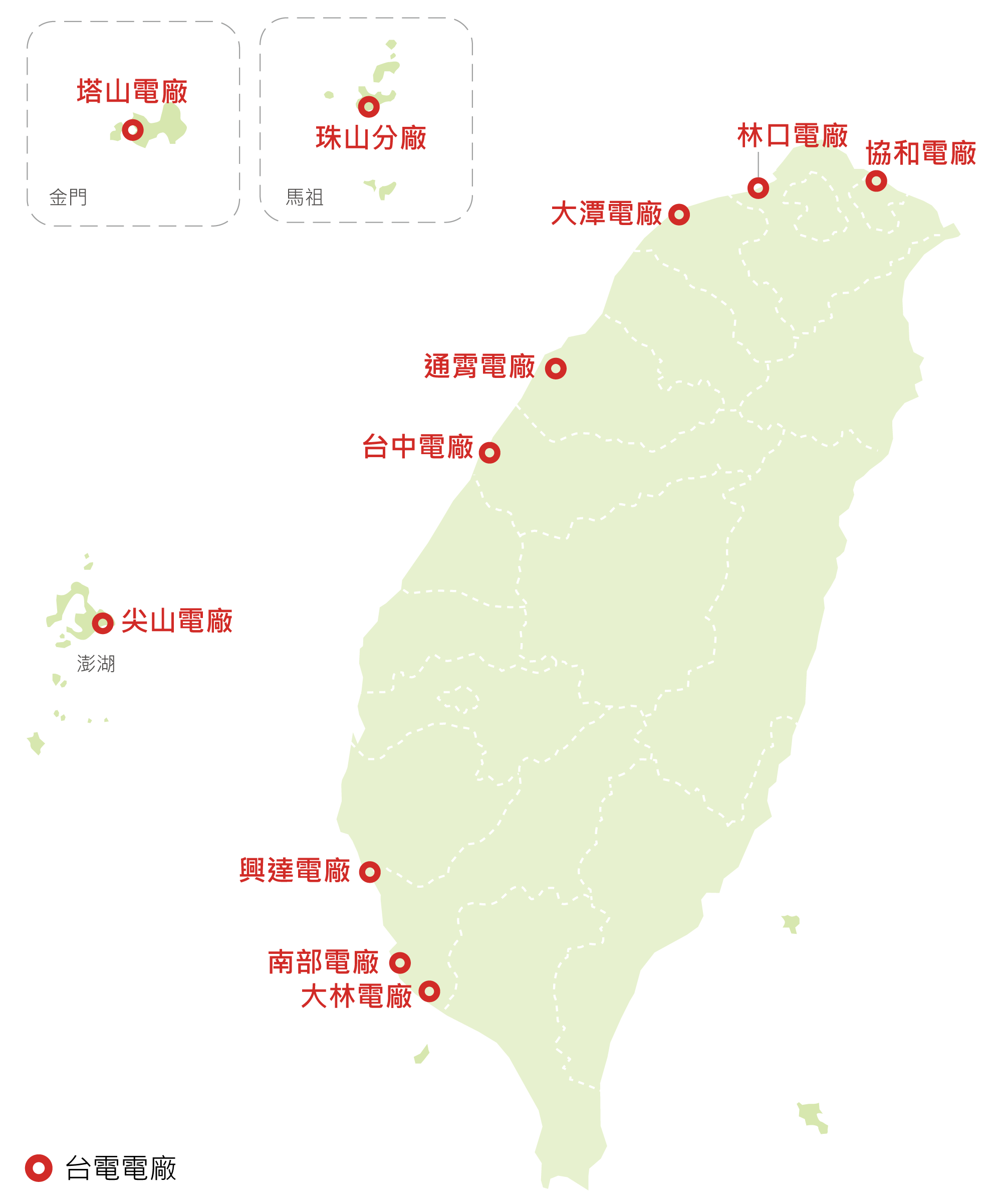 北部電廠：協和、林口、大潭。中部電廠：通霄、台中。南部電廠：興達、南部、大林。離島電廠：珠山、塔山、尖山