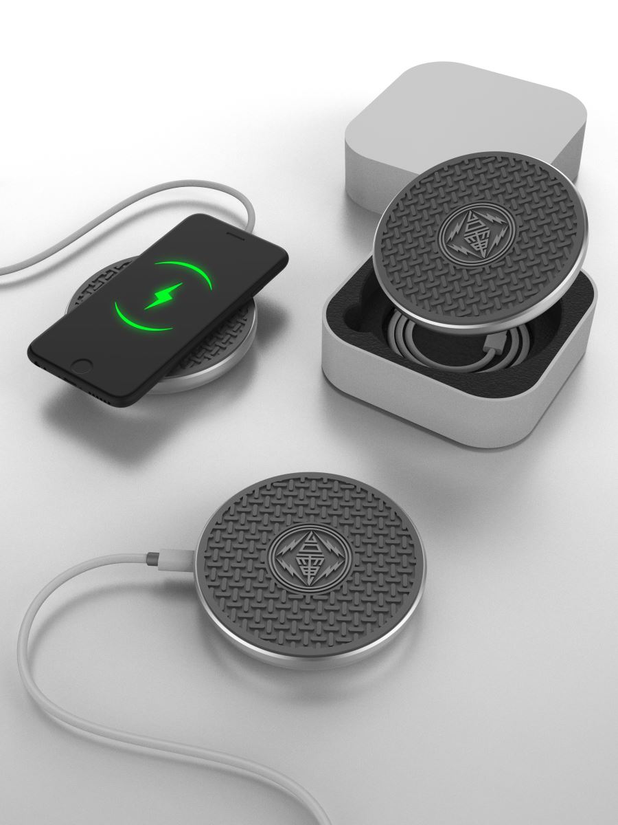  a charging plate that resembles the shape of a manhole cover
