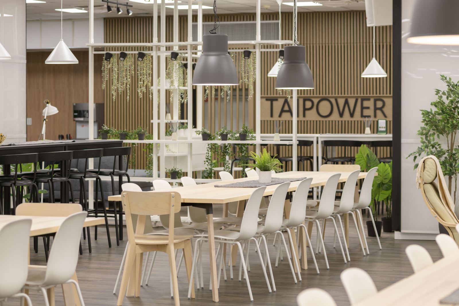picture one, renovatied staff dining room with long tables and chairs