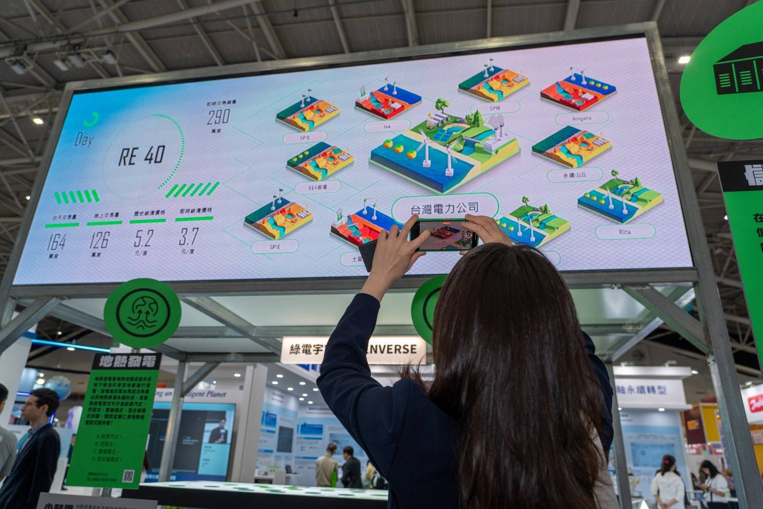 本次展區特別規劃「綠電宇宙」電力交易模擬體驗，透過手機進入遊玩頁面即可化身綠電業者，打造專屬綠電案場，再透過互動問答到市場上參與競標，實際體驗綠電從產出到交易的過程！