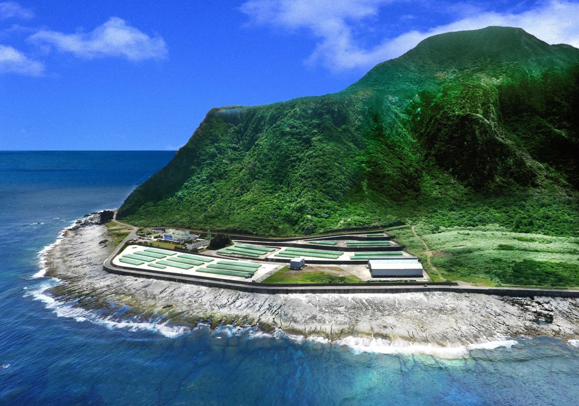 蘭嶼低放貯存場鳥瞰圖,23座貯存壕溝;100,277桶低放射性廢棄物固化桶